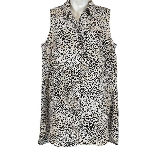 Chicos No Iron Womens Leopard Button Up Sleeveless Top 100% Linen Top 0 4 6 S - Picture 1 of 16